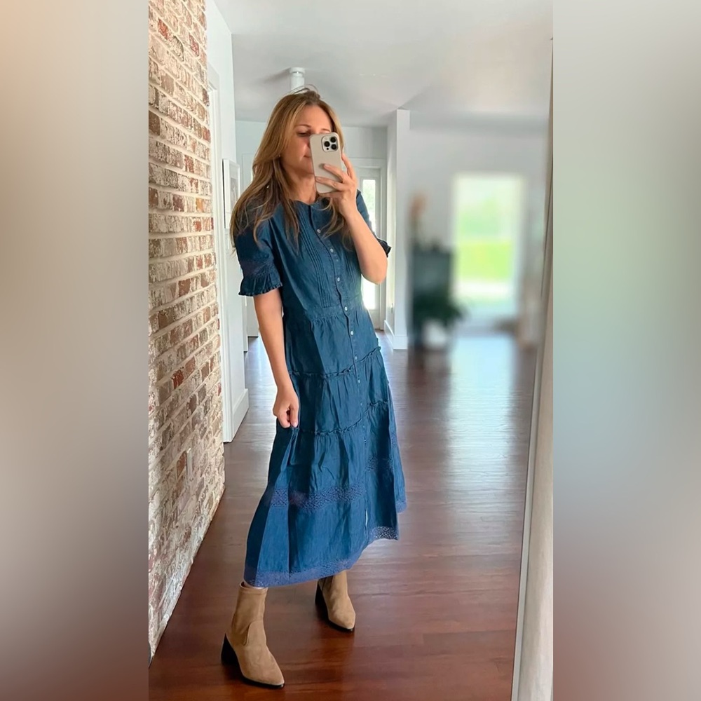 Gap × LoveShackFancy Denim Tiered Midi Dress